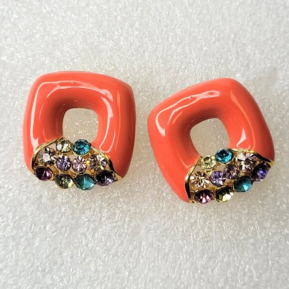 Coral Square Earrings With Colorful Crystals - Picture 2 of 7